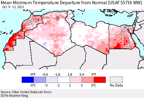 North Africa Mean Minimum Temperature Departure from Normal (USAF 557th WW) Thematic Map For 10/9/2023 - 10/15/2023