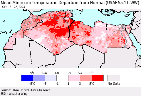 North Africa Mean Minimum Temperature Departure from Normal (USAF 557th WW) Thematic Map For 10/16/2023 - 10/22/2023
