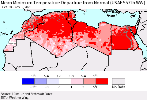 North Africa Mean Minimum Temperature Departure from Normal (USAF 557th WW) Thematic Map For 10/30/2023 - 11/5/2023