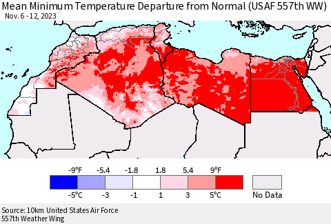 North Africa Mean Minimum Temperature Departure from Normal (USAF 557th WW) Thematic Map For 11/6/2023 - 11/12/2023