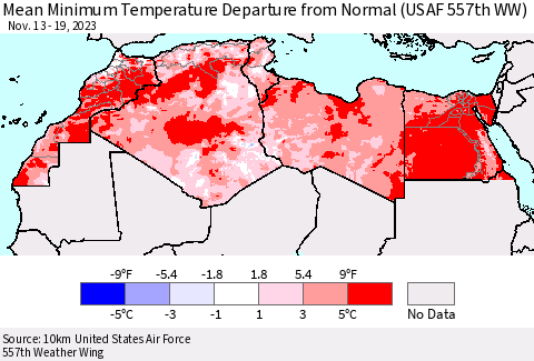 North Africa Mean Minimum Temperature Departure from Normal (USAF 557th WW) Thematic Map For 11/13/2023 - 11/19/2023