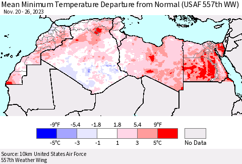 North Africa Mean Minimum Temperature Departure from Normal (USAF 557th WW) Thematic Map For 11/20/2023 - 11/26/2023