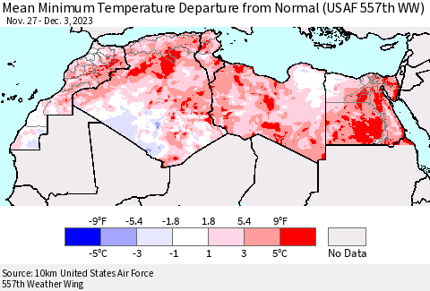 North Africa Mean Minimum Temperature Departure from Normal (USAF 557th WW) Thematic Map For 11/27/2023 - 12/3/2023