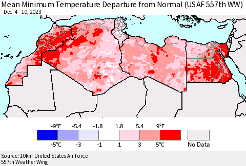 North Africa Mean Minimum Temperature Departure from Normal (USAF 557th WW) Thematic Map For 12/4/2023 - 12/10/2023