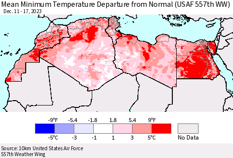North Africa Mean Minimum Temperature Departure from Normal (USAF 557th WW) Thematic Map For 12/11/2023 - 12/17/2023