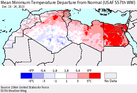 North Africa Mean Minimum Temperature Departure from Normal (USAF 557th WW) Thematic Map For 12/18/2023 - 12/24/2023