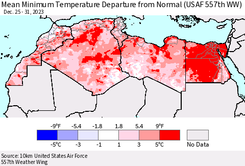 North Africa Mean Minimum Temperature Departure from Normal (USAF 557th WW) Thematic Map For 12/25/2023 - 12/31/2023