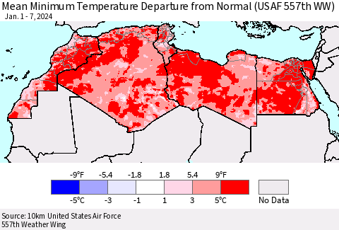 North Africa Mean Minimum Temperature Departure from Normal (USAF 557th WW) Thematic Map For 1/1/2024 - 1/7/2024