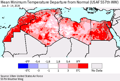 North Africa Mean Minimum Temperature Departure from Normal (USAF 557th WW) Thematic Map For 1/8/2024 - 1/14/2024