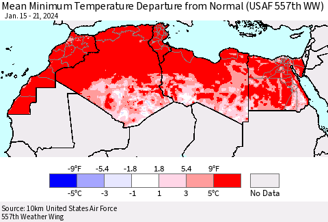 North Africa Mean Minimum Temperature Departure from Normal (USAF 557th WW) Thematic Map For 1/15/2024 - 1/21/2024