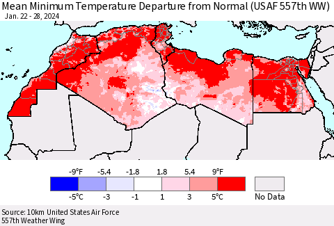 North Africa Mean Minimum Temperature Departure from Normal (USAF 557th WW) Thematic Map For 1/22/2024 - 1/28/2024
