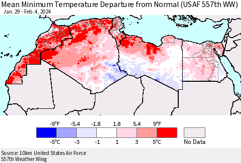 North Africa Mean Minimum Temperature Departure from Normal (USAF 557th WW) Thematic Map For 1/29/2024 - 2/4/2024