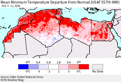 North Africa Mean Minimum Temperature Departure from Normal (USAF 557th WW) Thematic Map For 2/5/2024 - 2/11/2024
