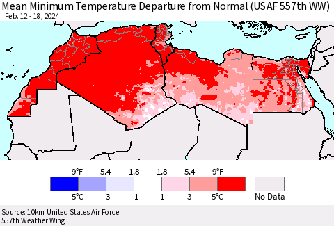 North Africa Mean Minimum Temperature Departure from Normal (USAF 557th WW) Thematic Map For 2/12/2024 - 2/18/2024