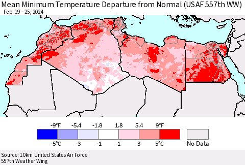North Africa Mean Minimum Temperature Departure from Normal (USAF 557th WW) Thematic Map For 2/19/2024 - 2/25/2024