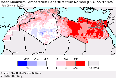 North Africa Mean Minimum Temperature Departure from Normal (USAF 557th WW) Thematic Map For 2/26/2024 - 3/3/2024