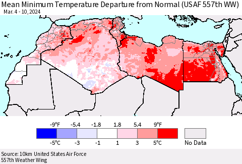 North Africa Mean Minimum Temperature Departure from Normal (USAF 557th WW) Thematic Map For 3/4/2024 - 3/10/2024