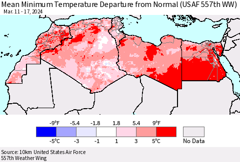 North Africa Mean Minimum Temperature Departure from Normal (USAF 557th WW) Thematic Map For 3/11/2024 - 3/17/2024