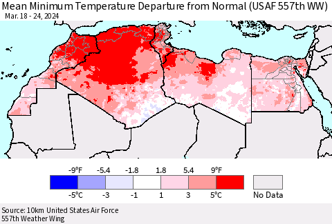 North Africa Mean Minimum Temperature Departure from Normal (USAF 557th WW) Thematic Map For 3/18/2024 - 3/24/2024