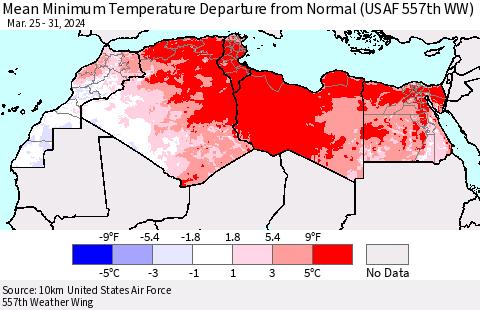 North Africa Mean Minimum Temperature Departure from Normal (USAF 557th WW) Thematic Map For 3/25/2024 - 3/31/2024