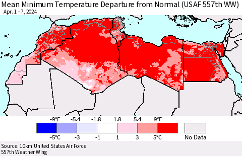 North Africa Mean Minimum Temperature Departure from Normal (USAF 557th WW) Thematic Map For 4/1/2024 - 4/7/2024
