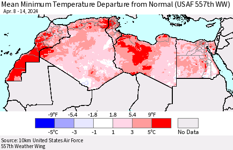 North Africa Mean Minimum Temperature Departure from Normal (USAF 557th WW) Thematic Map For 4/8/2024 - 4/14/2024