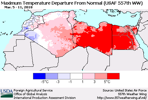 North Africa Mean Maximum Temperature Departure from Normal (USAF 557th WW) Thematic Map For 3/5/2018 - 3/11/2018