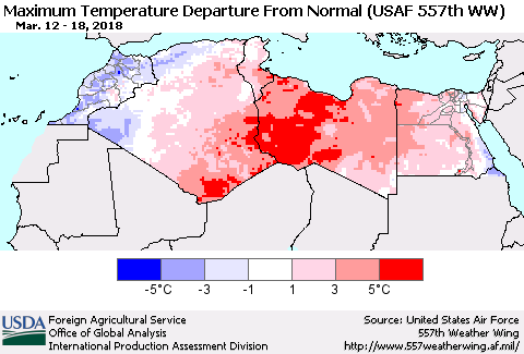 North Africa Mean Maximum Temperature Departure from Normal (USAF 557th WW) Thematic Map For 3/12/2018 - 3/18/2018
