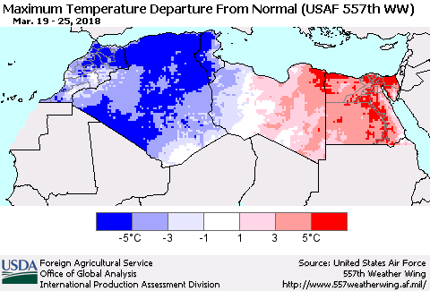 North Africa Mean Maximum Temperature Departure from Normal (USAF 557th WW) Thematic Map For 3/19/2018 - 3/25/2018