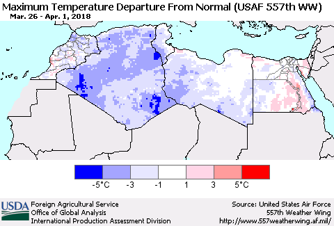 North Africa Mean Maximum Temperature Departure from Normal (USAF 557th WW) Thematic Map For 3/26/2018 - 4/1/2018