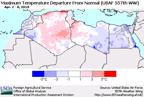 North Africa Mean Maximum Temperature Departure from Normal (USAF 557th WW) Thematic Map For 4/2/2018 - 4/8/2018