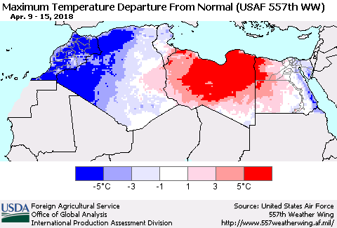 North Africa Mean Maximum Temperature Departure from Normal (USAF 557th WW) Thematic Map For 4/9/2018 - 4/15/2018