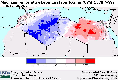 North Africa Mean Maximum Temperature Departure from Normal (USAF 557th WW) Thematic Map For 4/16/2018 - 4/22/2018