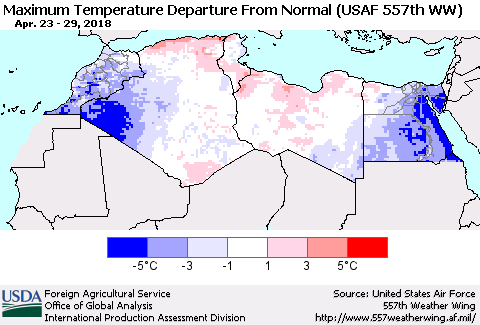North Africa Mean Maximum Temperature Departure from Normal (USAF 557th WW) Thematic Map For 4/23/2018 - 4/29/2018