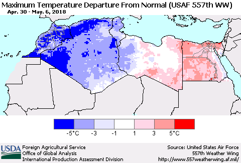 North Africa Mean Maximum Temperature Departure from Normal (USAF 557th WW) Thematic Map For 4/30/2018 - 5/6/2018