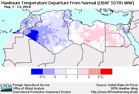 North Africa Mean Maximum Temperature Departure from Normal (USAF 557th WW) Thematic Map For 5/7/2018 - 5/13/2018