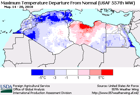 North Africa Mean Maximum Temperature Departure from Normal (USAF 557th WW) Thematic Map For 5/14/2018 - 5/20/2018