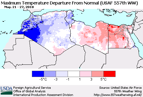 North Africa Mean Maximum Temperature Departure from Normal (USAF 557th WW) Thematic Map For 5/21/2018 - 5/27/2018