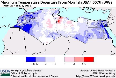 North Africa Mean Maximum Temperature Departure from Normal (USAF 557th WW) Thematic Map For 5/28/2018 - 6/3/2018