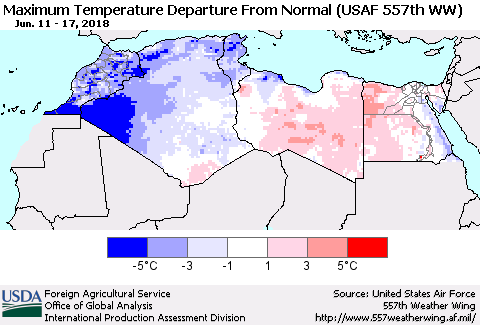 North Africa Mean Maximum Temperature Departure from Normal (USAF 557th WW) Thematic Map For 6/11/2018 - 6/17/2018