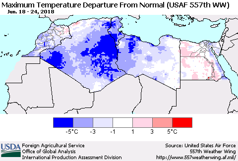 North Africa Mean Maximum Temperature Departure from Normal (USAF 557th WW) Thematic Map For 6/18/2018 - 6/24/2018