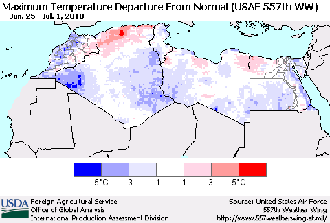 North Africa Mean Maximum Temperature Departure from Normal (USAF 557th WW) Thematic Map For 6/25/2018 - 7/1/2018