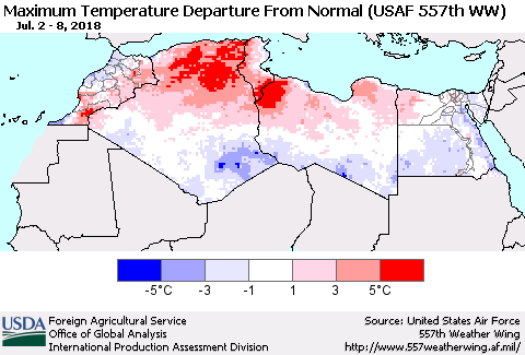 North Africa Mean Maximum Temperature Departure from Normal (USAF 557th WW) Thematic Map For 7/2/2018 - 7/8/2018