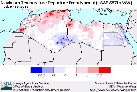 North Africa Mean Maximum Temperature Departure from Normal (USAF 557th WW) Thematic Map For 7/9/2018 - 7/15/2018