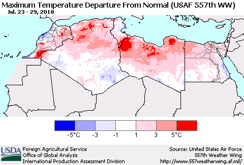 North Africa Mean Maximum Temperature Departure from Normal (USAF 557th WW) Thematic Map For 7/23/2018 - 7/29/2018