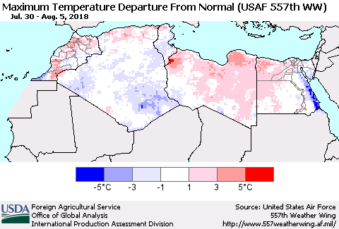 North Africa Mean Maximum Temperature Departure from Normal (USAF 557th WW) Thematic Map For 7/30/2018 - 8/5/2018