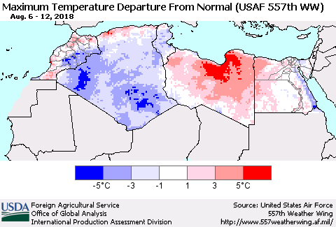 North Africa Mean Maximum Temperature Departure from Normal (USAF 557th WW) Thematic Map For 8/6/2018 - 8/12/2018