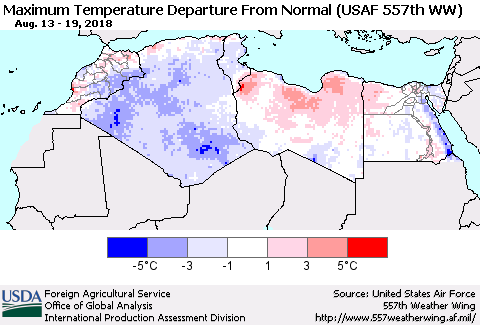 North Africa Mean Maximum Temperature Departure from Normal (USAF 557th WW) Thematic Map For 8/13/2018 - 8/19/2018