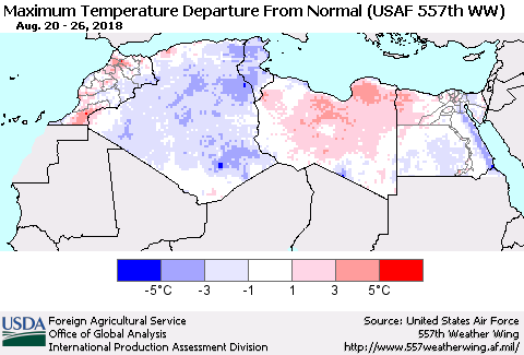 North Africa Mean Maximum Temperature Departure from Normal (USAF 557th WW) Thematic Map For 8/20/2018 - 8/26/2018