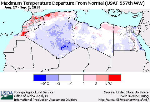 North Africa Mean Maximum Temperature Departure from Normal (USAF 557th WW) Thematic Map For 8/27/2018 - 9/2/2018